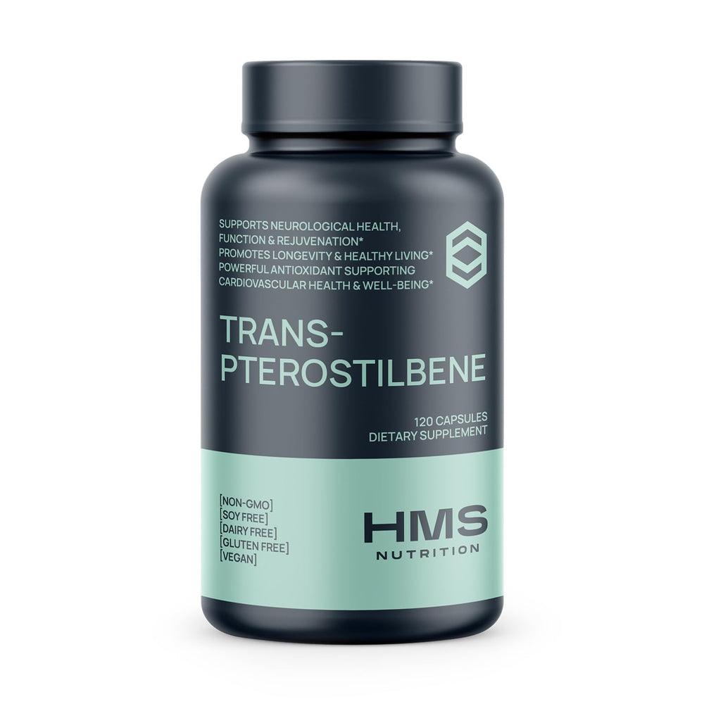 HMS Nutrition Potent Trans-Pterostilbene bottle front shows 200 mg potency