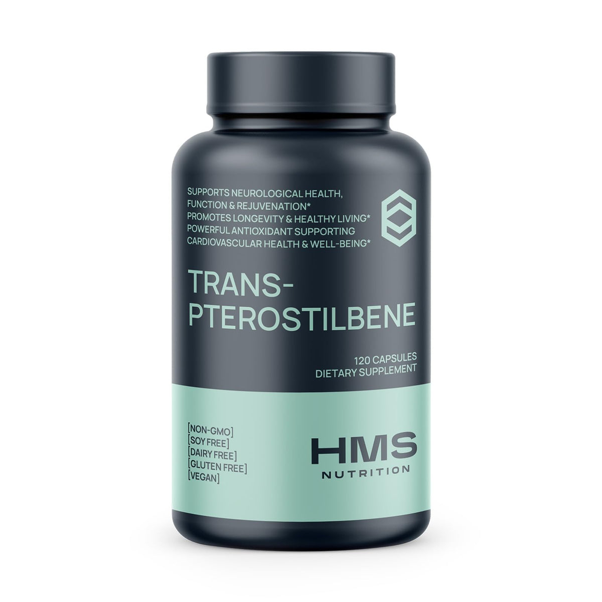 HMS Nutrition Potent Trans-Pterostilbene bottle front shows 200 mg potency