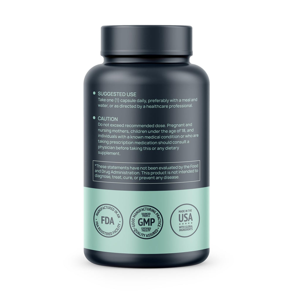 HMS Nutrition Potent Trans-Pterostilbene bottle back label highlighting vegan and allergen-free attributes