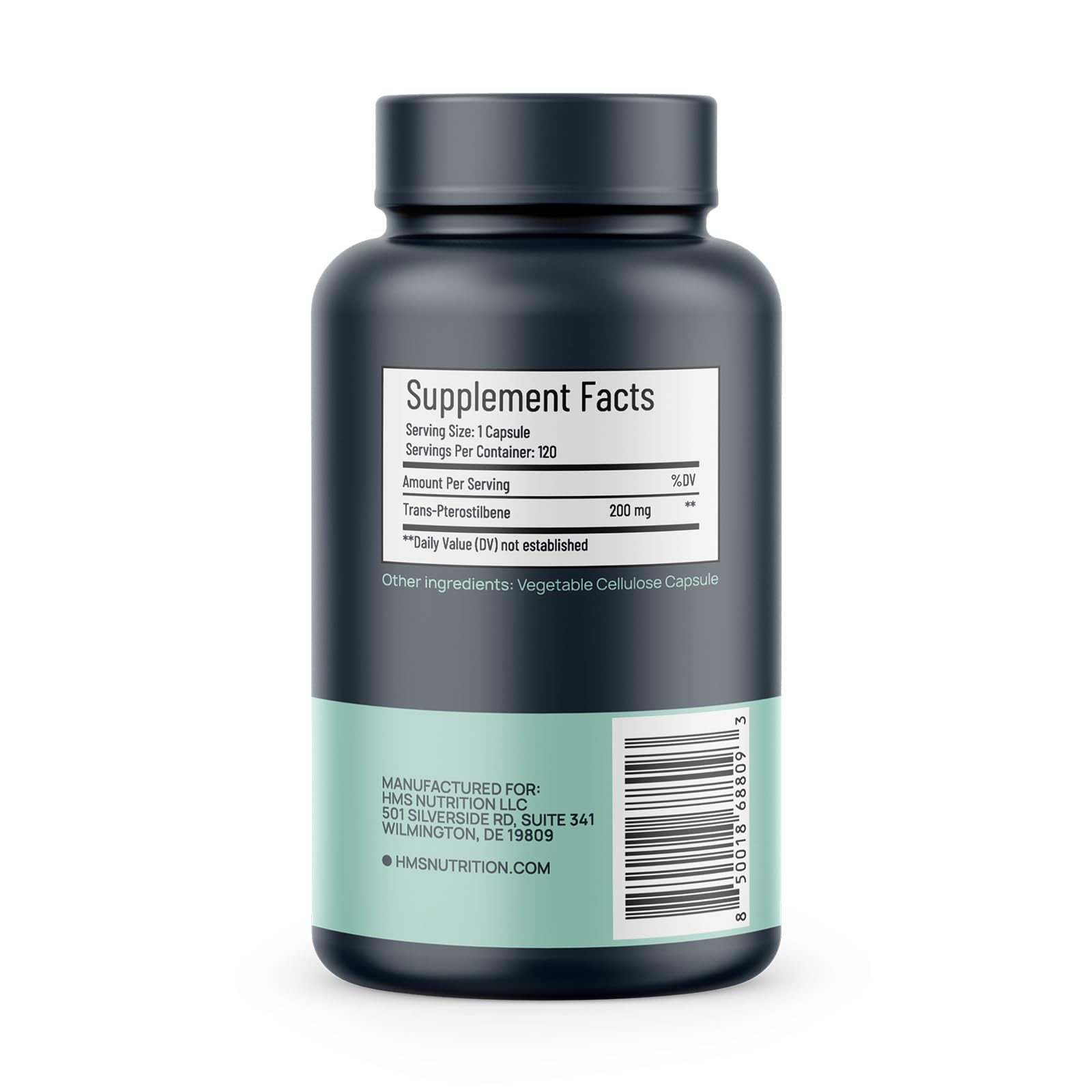 Close-up of HMS Nutrition Potent Trans-Pterostilbene capsules emphasizing vegan content