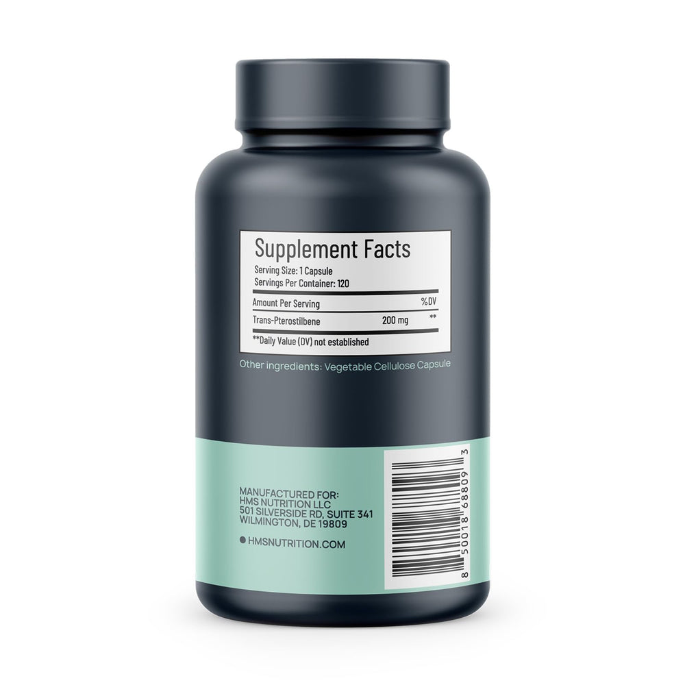 Close-up of HMS Nutrition Potent Trans-Pterostilbene capsules emphasizing vegan content