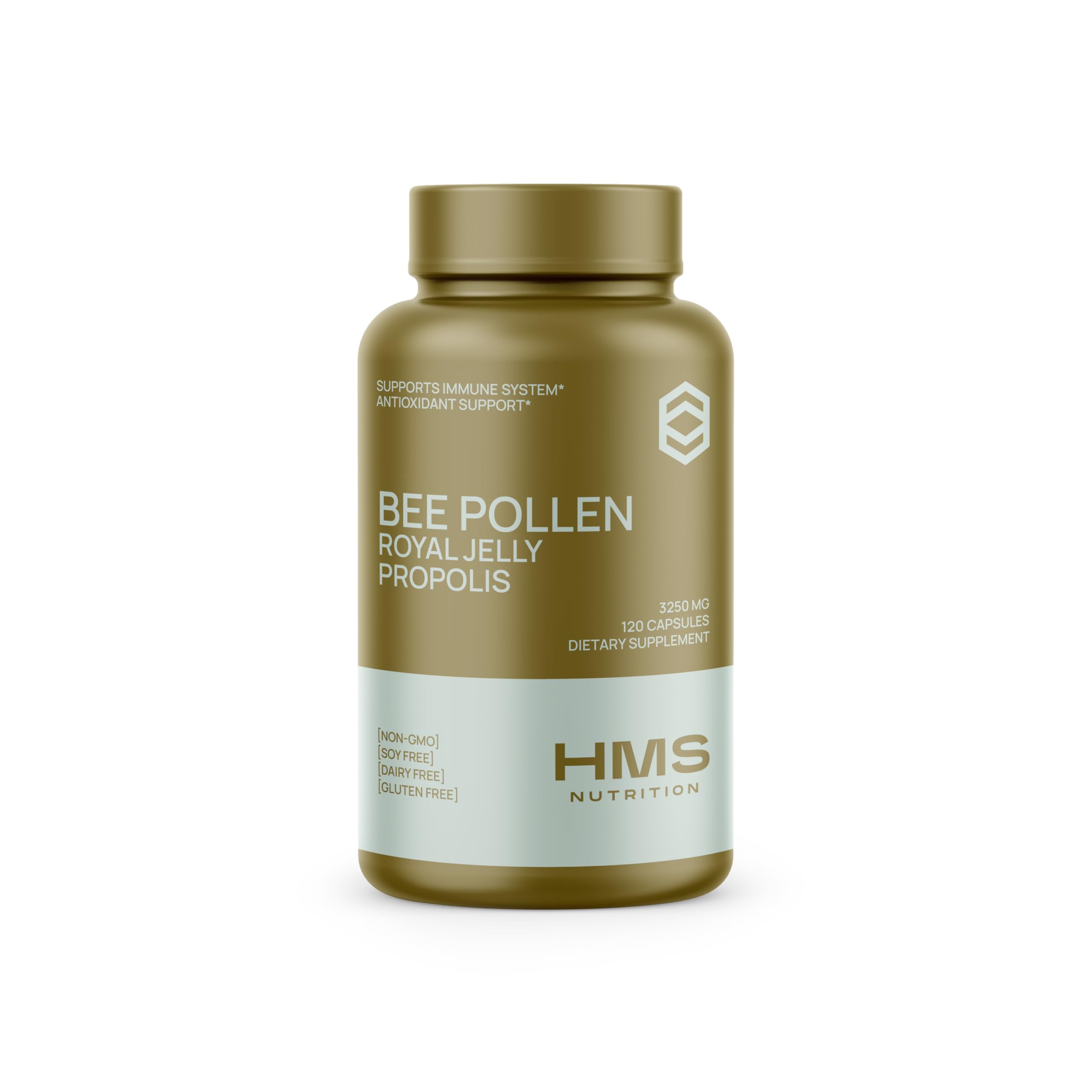 HMS Nutrition Premium Bee Pollen bottle front promotes daily wellness.