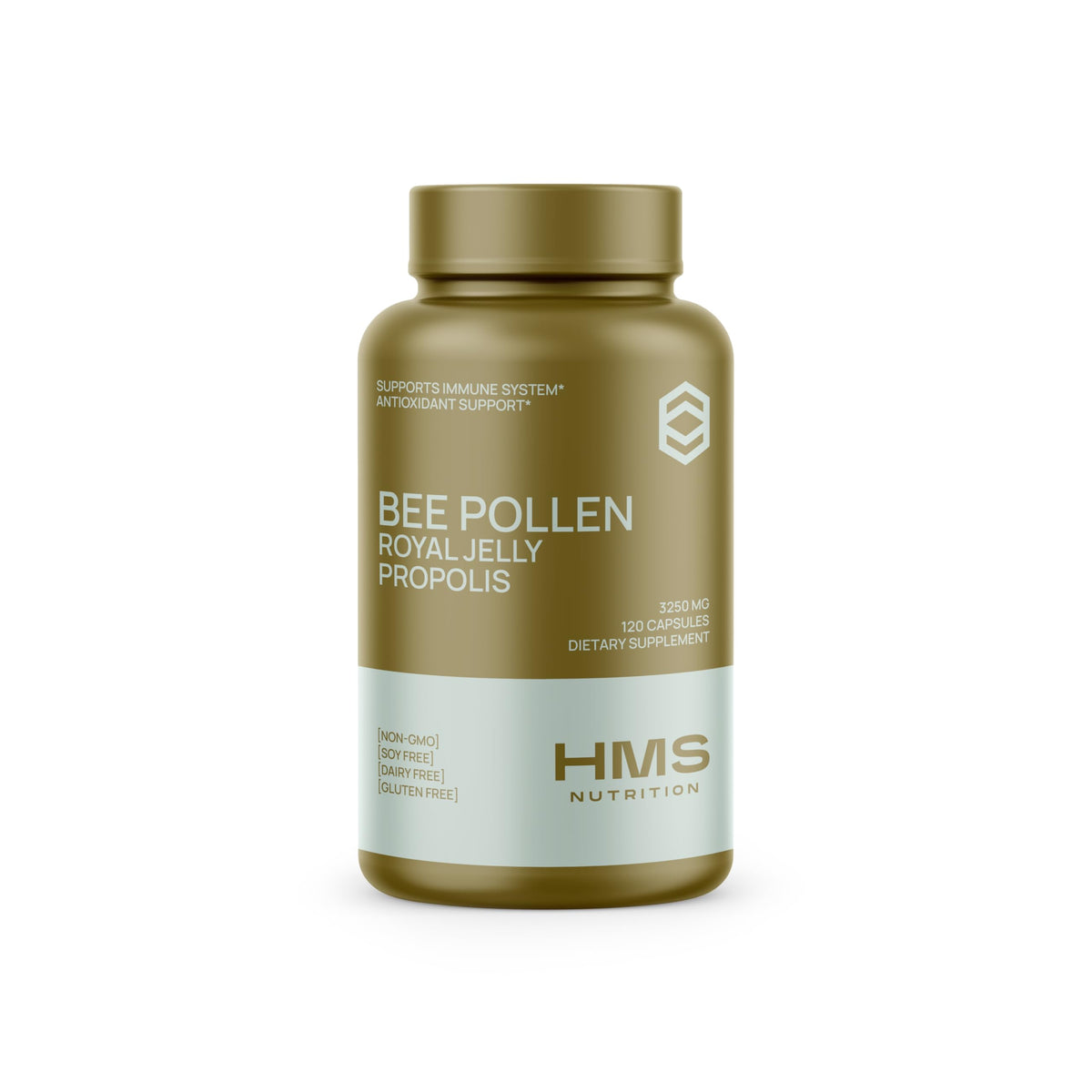 HMS Nutrition Premium Bee Pollen bottle front promotes daily wellness.