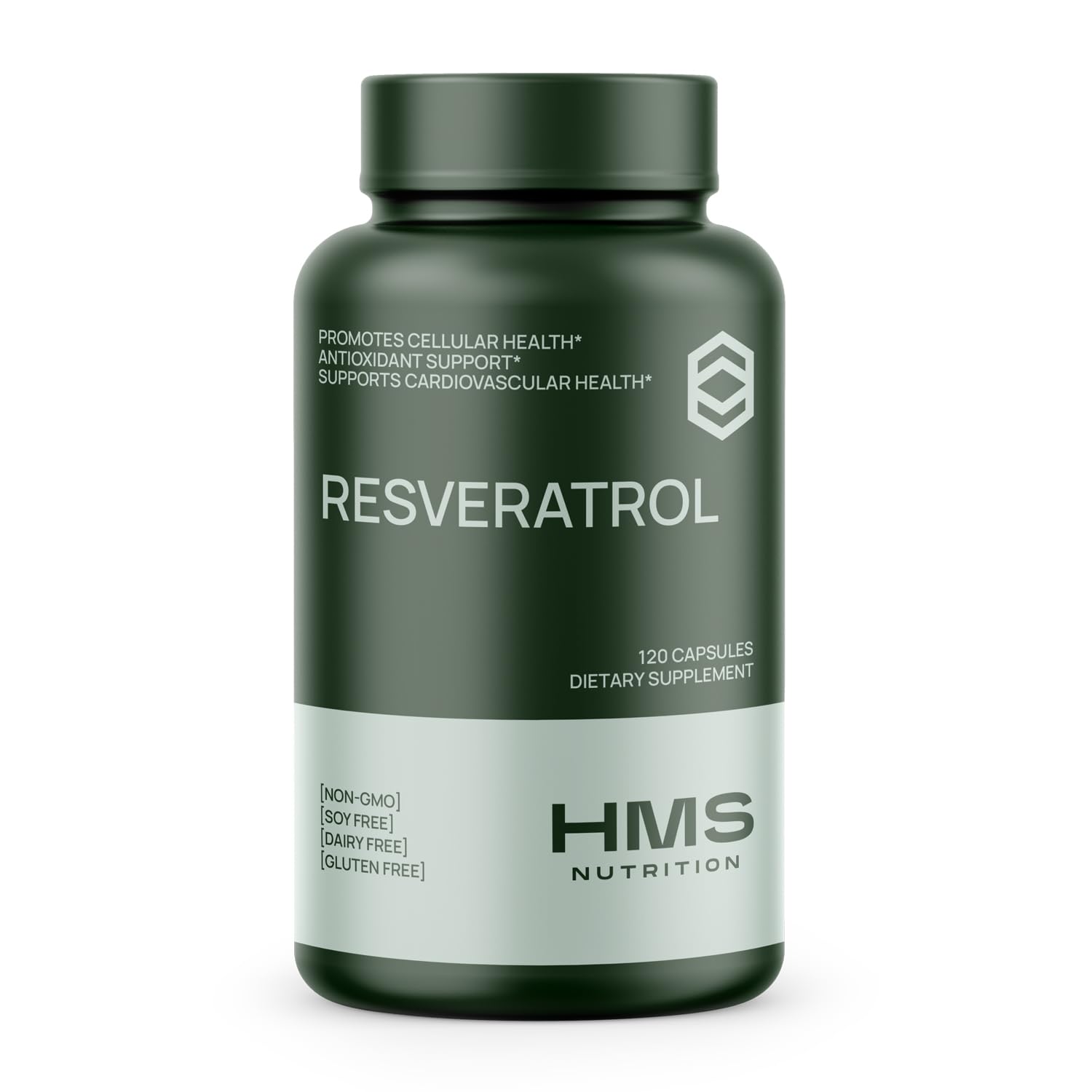 HMS Nutrition Resveratrol bottle front highlighting antioxidant support and high potency formula.