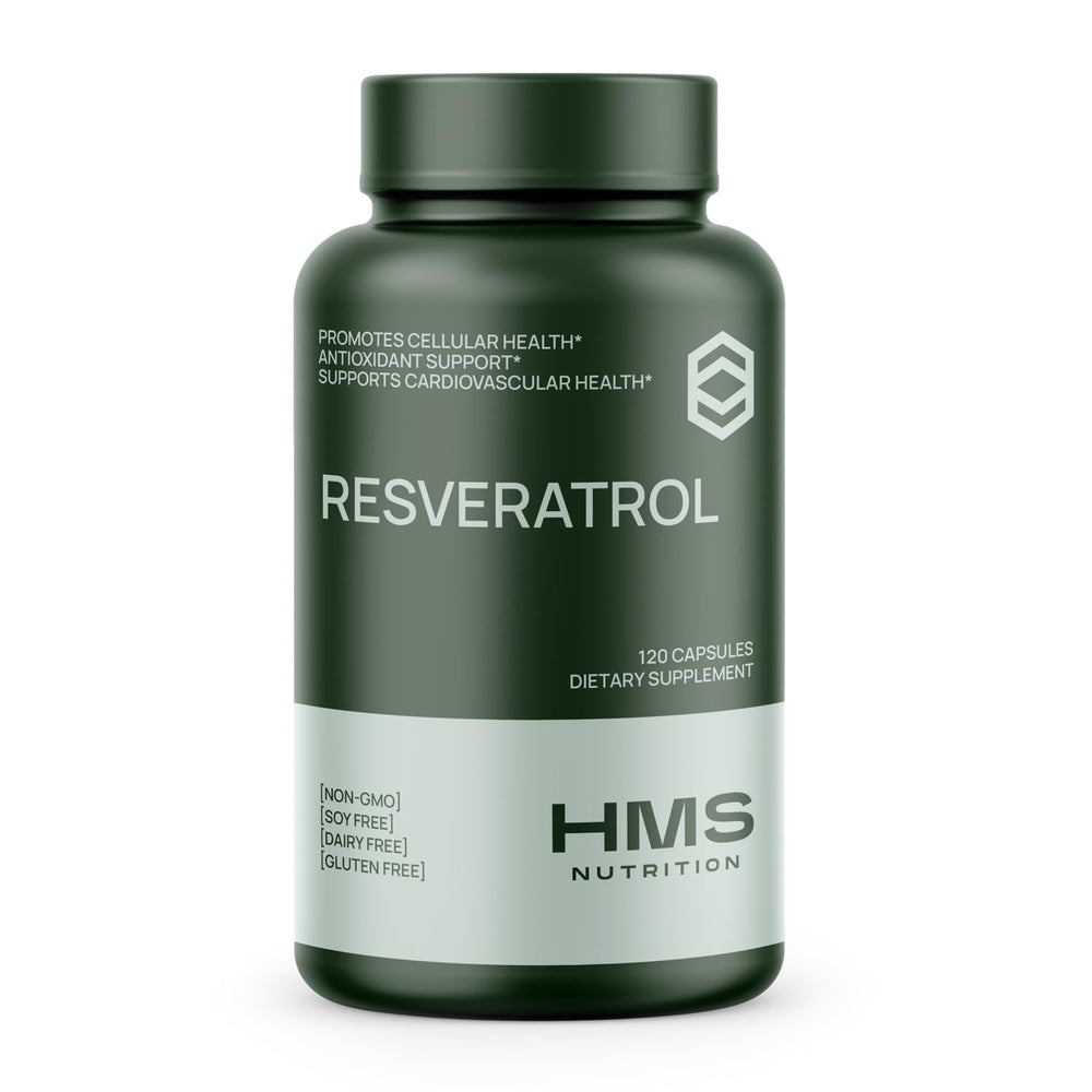 HMS Nutrition Resveratrol bottle front highlighting antioxidant support and high potency formula.