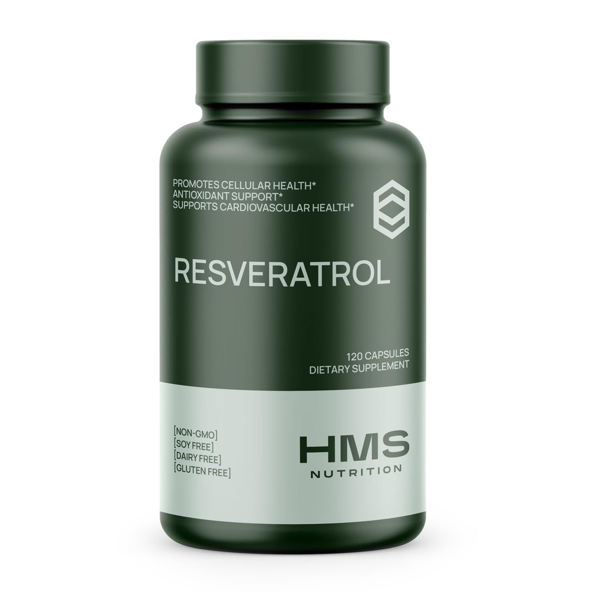 HMS Nutrition Resveratrol bottle front highlighting antioxidant support and high potency formula.
