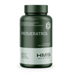 HMS Nutrition Resveratrol bottle front highlighting antioxidant support and high potency formula.