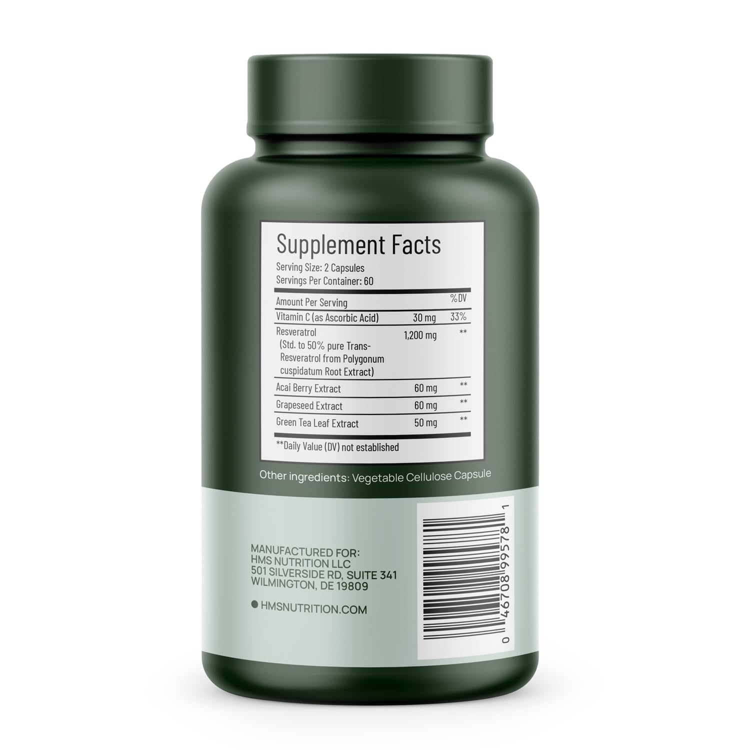 HMS Nutrition Resveratrol bottle being poured for convenient capsule dosing.