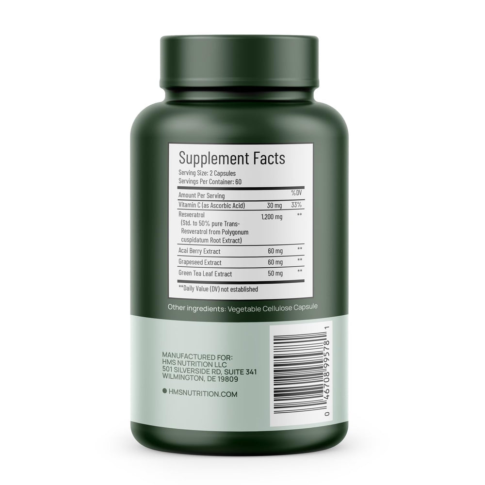 HMS Nutrition Resveratrol bottle being poured for convenient capsule dosing.