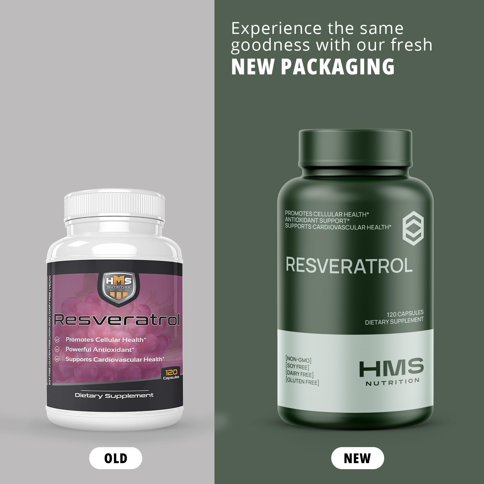 HMS Nutrition Resveratrol scene with capsules ready for daily wellness routine.