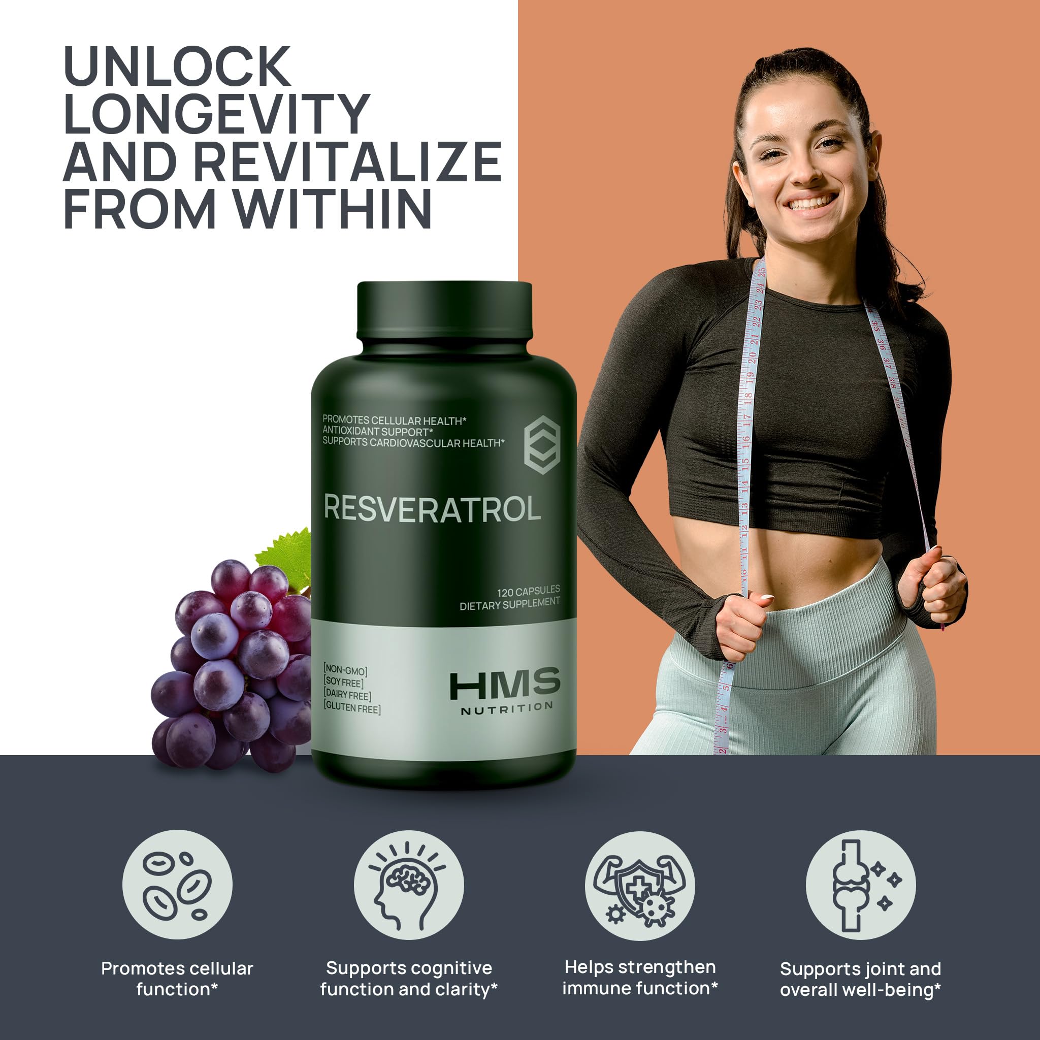 HMS Nutrition Resveratrol packaging box showcasing USA manufacturing and safety standards.