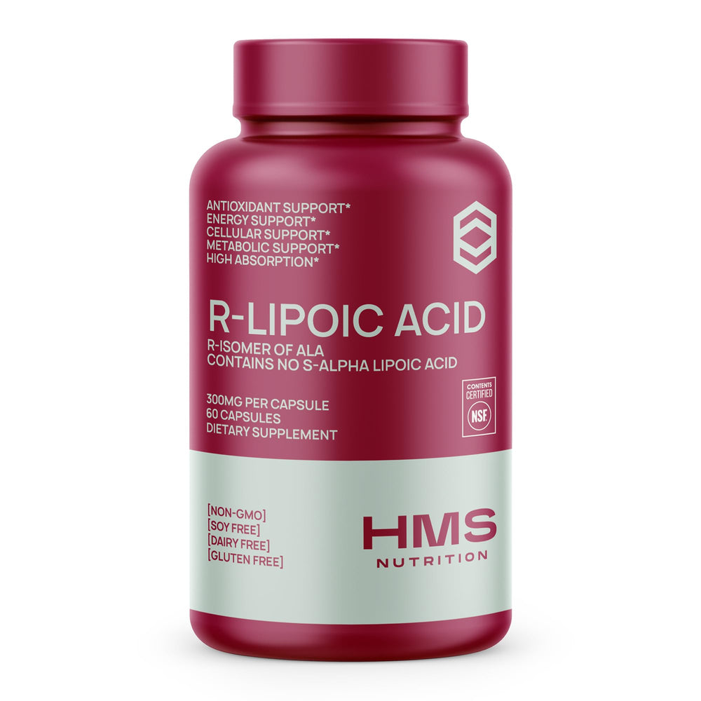 The HMS Nutrition Stabilized R-Lipoic Acid 300mg bottle front highlights a trusted antioxidant capsule.