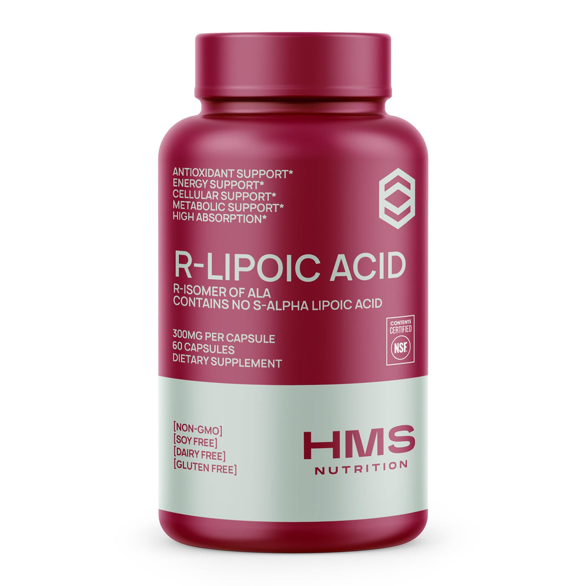 The HMS Nutrition Stabilized R-Lipoic Acid 300mg bottle front highlights a trusted antioxidant capsule.
