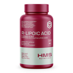 The HMS Nutrition Stabilized R-Lipoic Acid 300mg bottle front highlights a trusted antioxidant capsule.