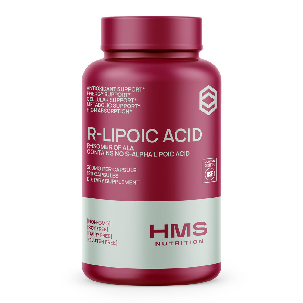 HMS Nutrition Stabilized R-Lipoic Acid 300mg bottle supports daily antioxidant-friendly use.