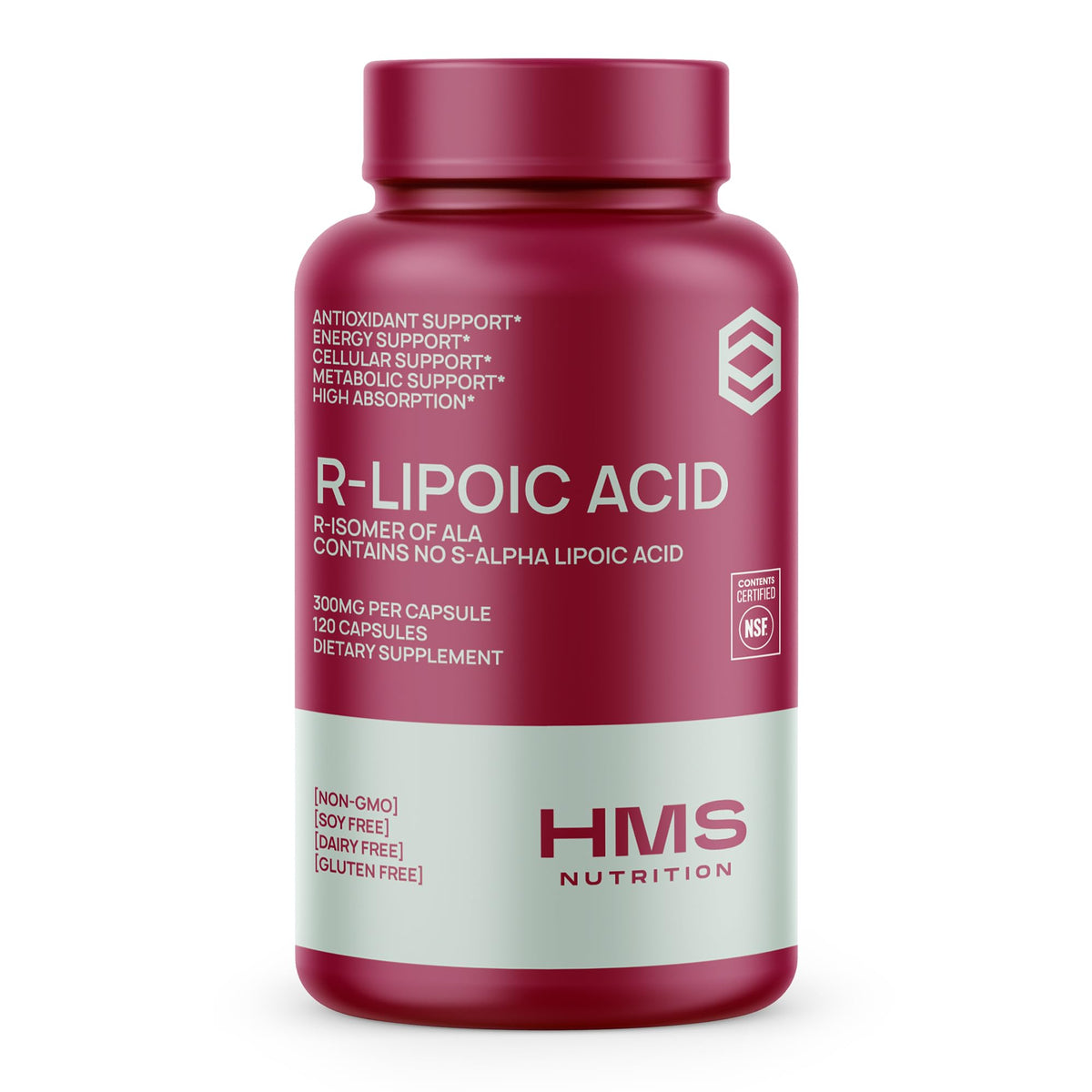 HMS Nutrition Stabilized R-Lipoic Acid 300mg bottle supports daily antioxidant-friendly use.