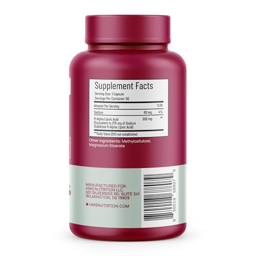 HMS Nutrition capsules closeup emphasizes pure R-ALA for antioxidant potential.