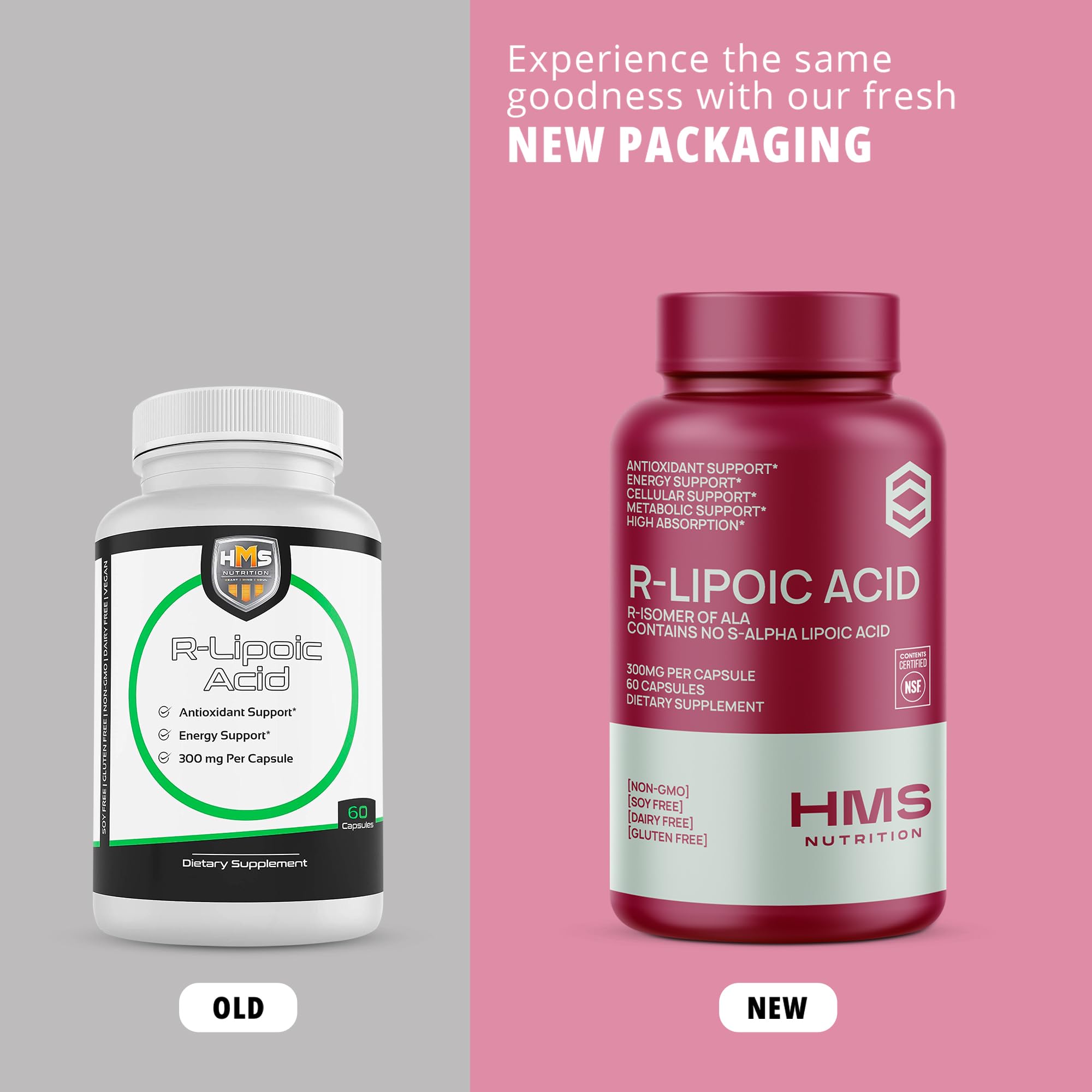 HMS Nutrition label with NSF-certified badge signals quality and transparency.