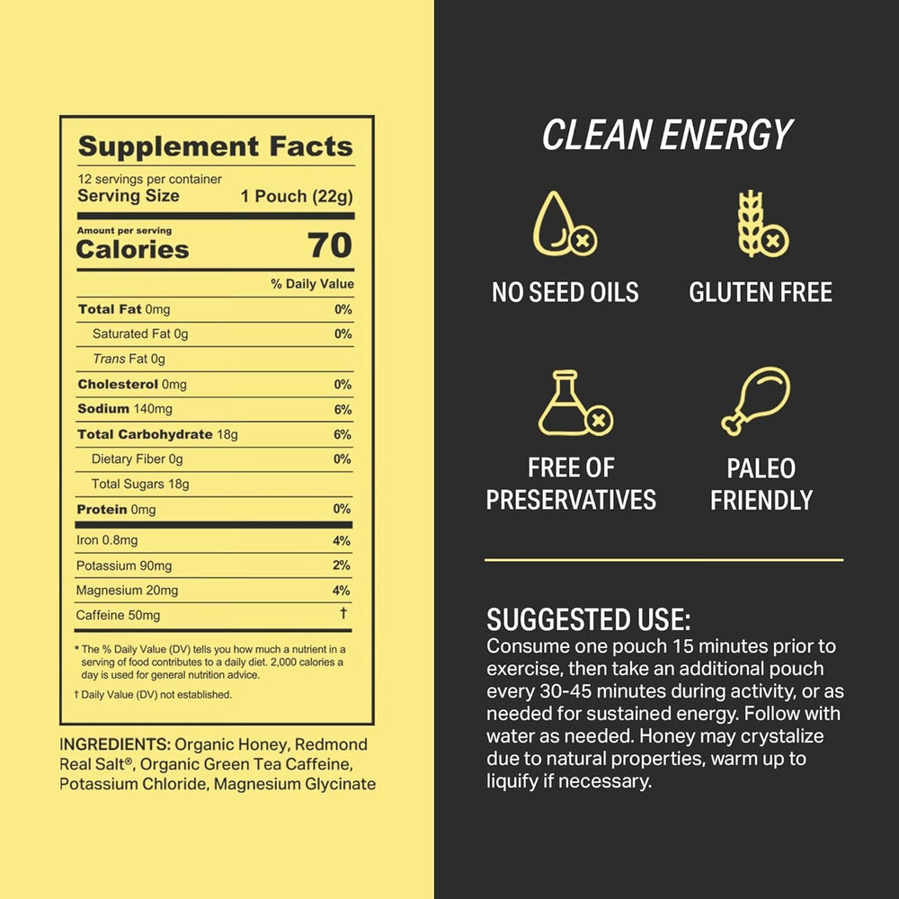 HNY+ Buzz front label showing gluten-free and vegan formula for endurance training
