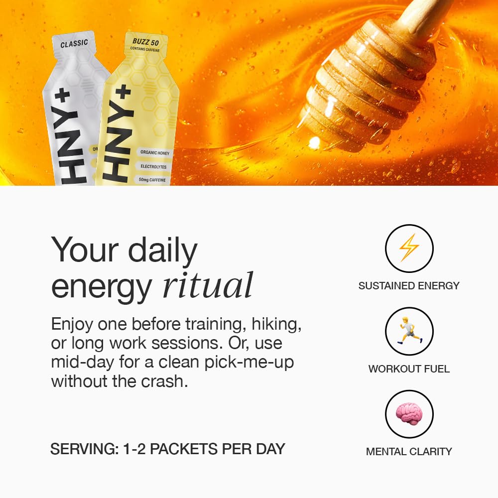 HNY+ Buzz gel with green tea caffeine boosts focus for workouts