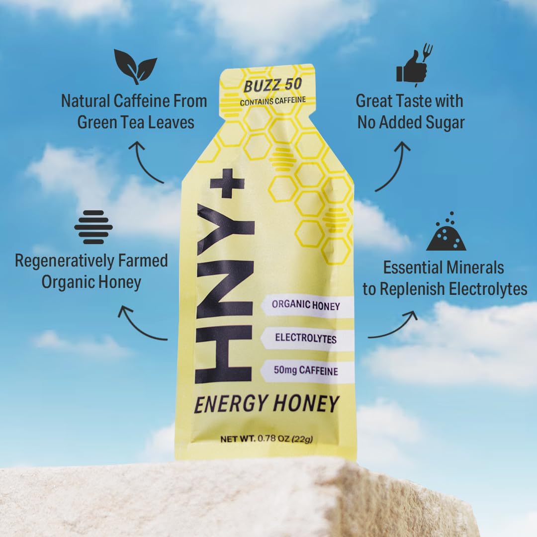 HNY+ Buzz ingredients table emphasizing natural electrolytes and clean profile