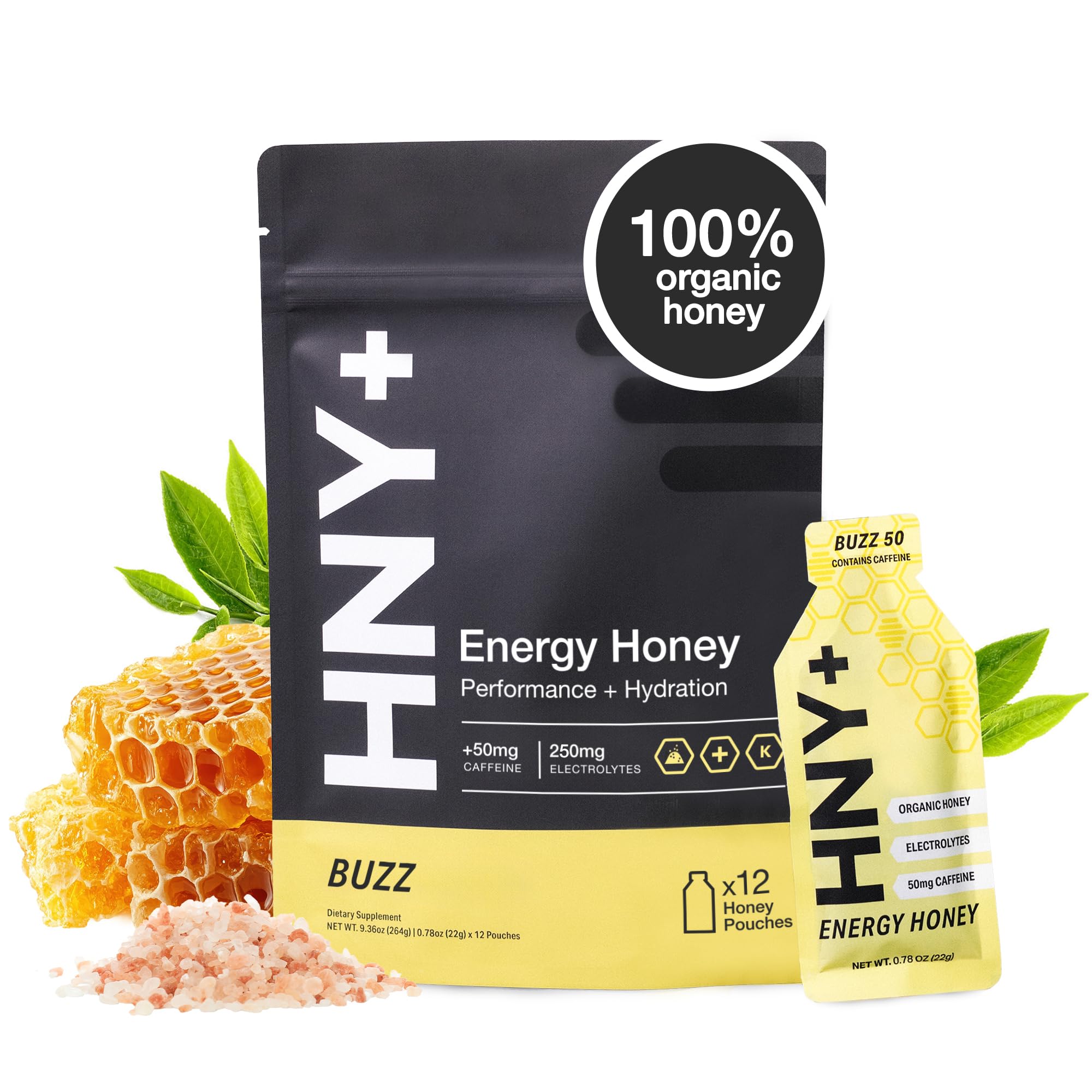 HNY+ Buzz energy gel pack highlighting organic honey fueling workouts on the go