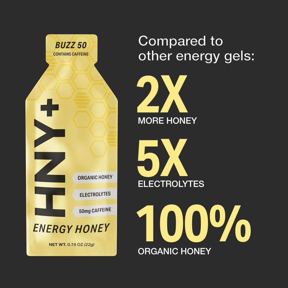 HNY+ Buzz gel in use during a run for on-the-go energy