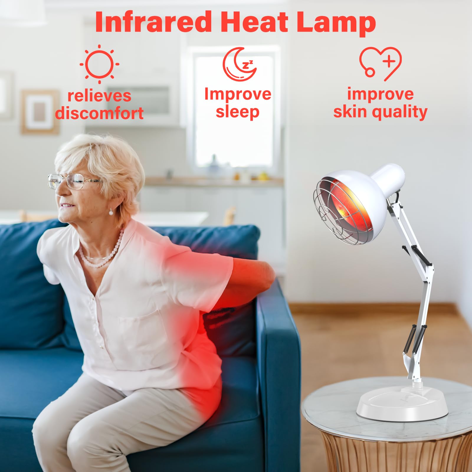 Hoakya near-infrared lamp targets back, knee, and shoulder with adjustable direction.
