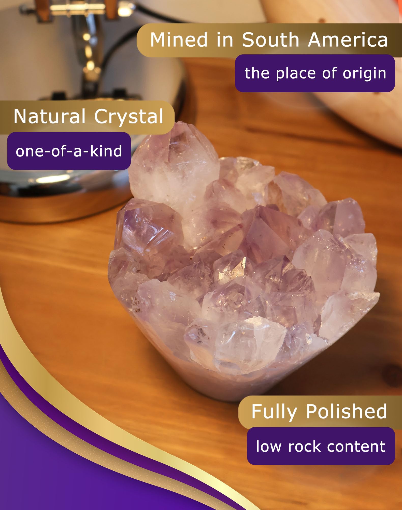 HoHpHq amethyst polished stone decor adds refined color to shelves.