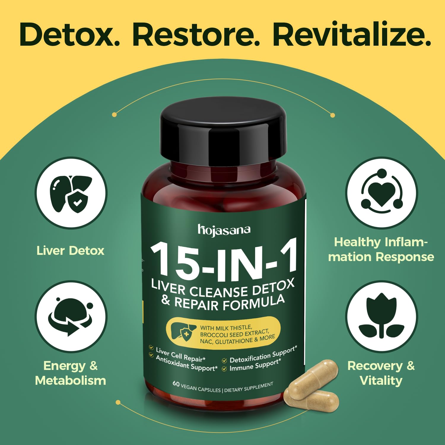 HojaSana Liver Cleanse ingredients scene emphasizes broccoli seed and milk thistle blend
