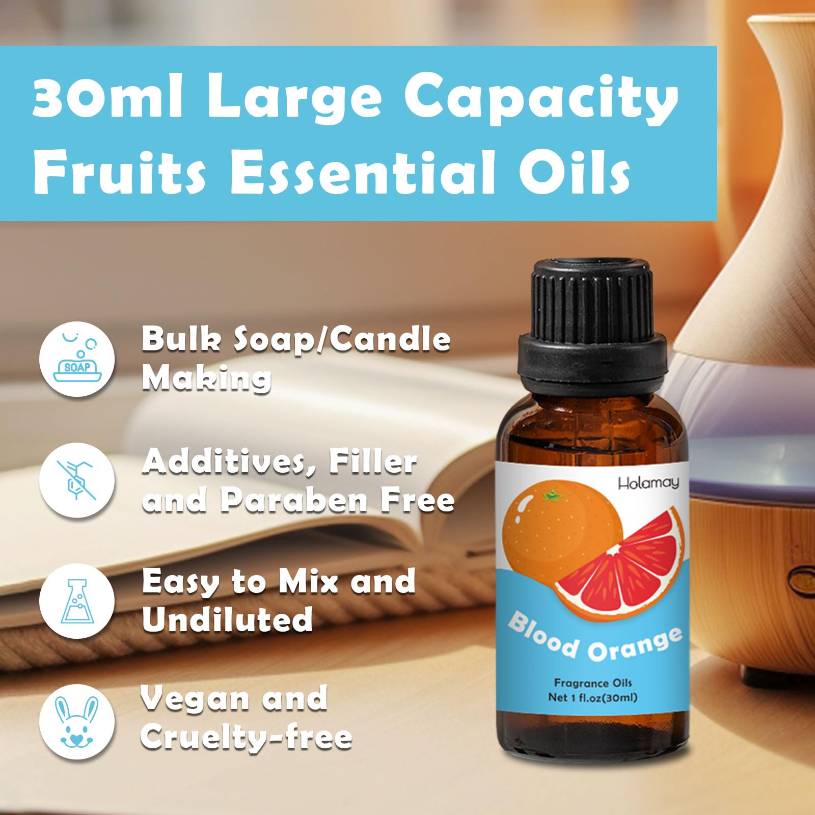 Holamay mango essential oil for diffusers delivers bright tropical notes.