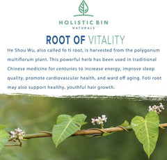 Holistic Bin Fo Ti root powder packaging highlights pure, non-GMO supplement options.