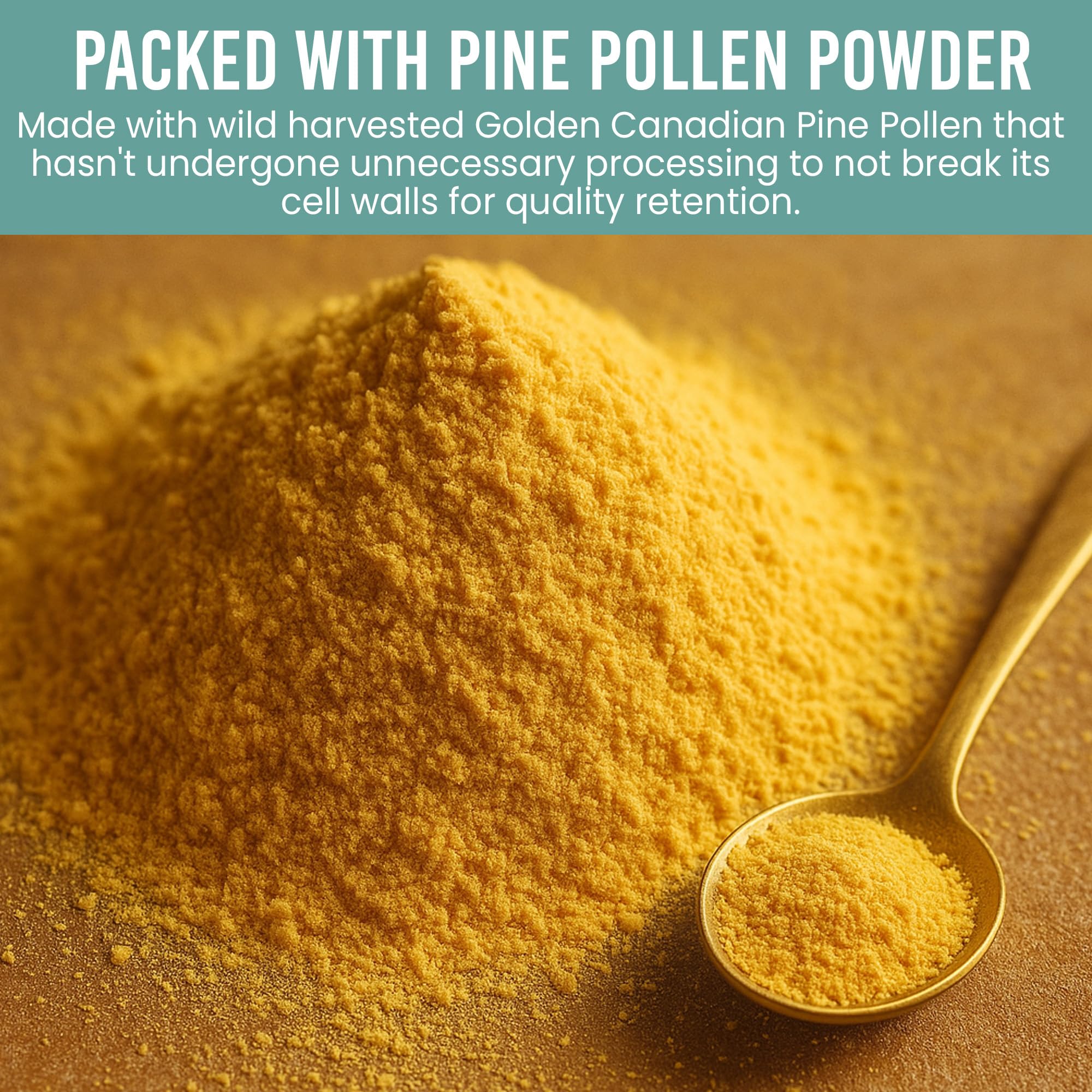 Holistic Bin pine pollen powder with scoop demonstrates easy mixing for juices and smoothies