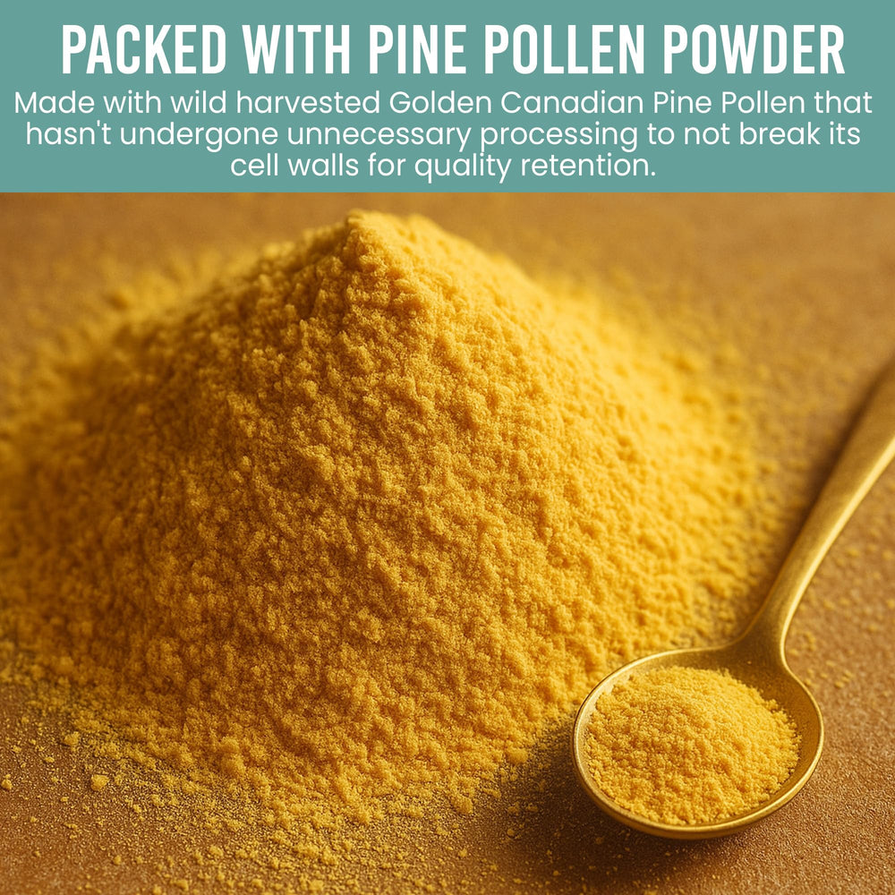 Holistic Bin pine pollen powder with scoop demonstrates easy mixing for juices and smoothies