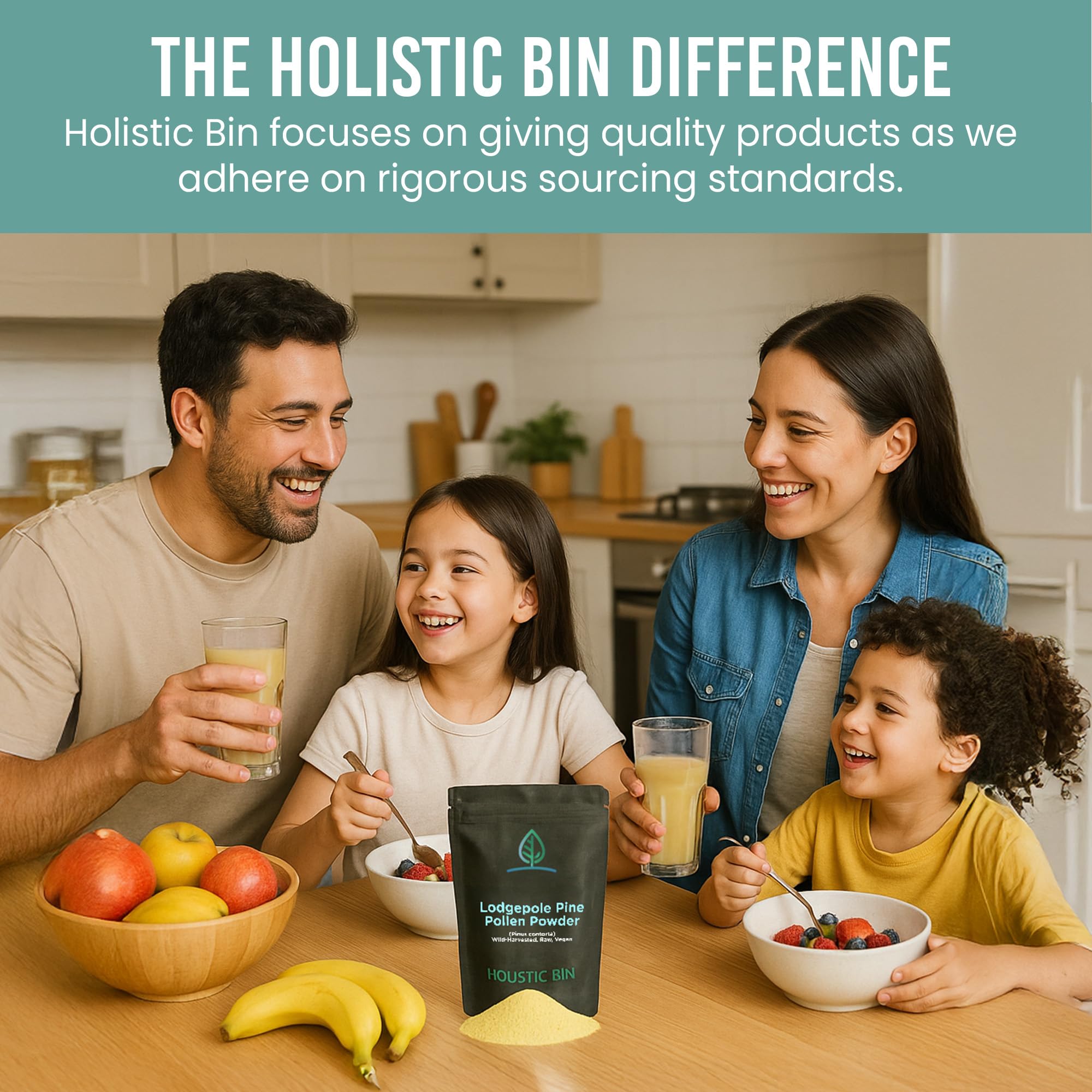 Holistic Bin pharmaceutical-grade pine pollen powder close-up communicates quality and purity