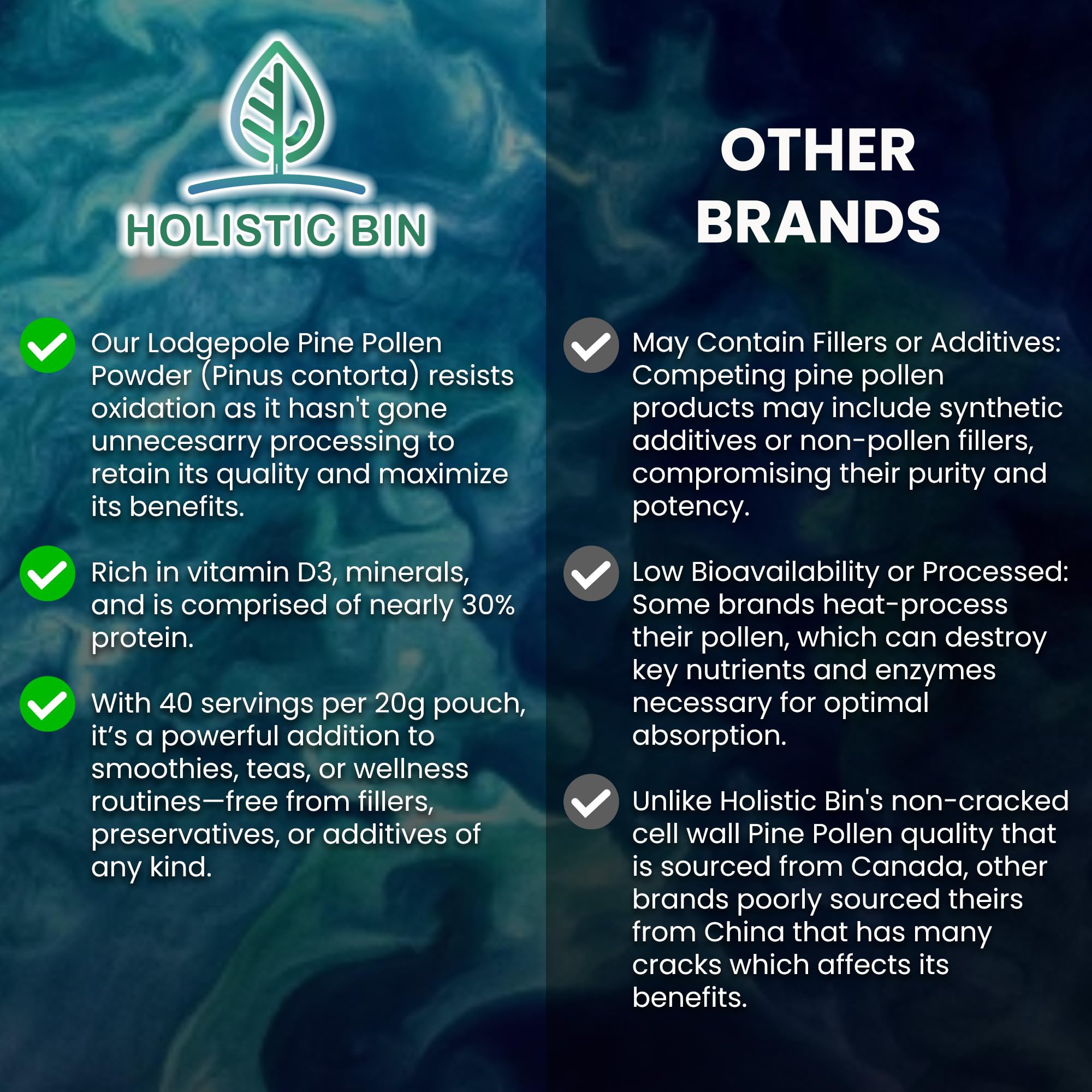 Holistic Bin pine pollen powder close-up reveals golden texture rich in nutrients