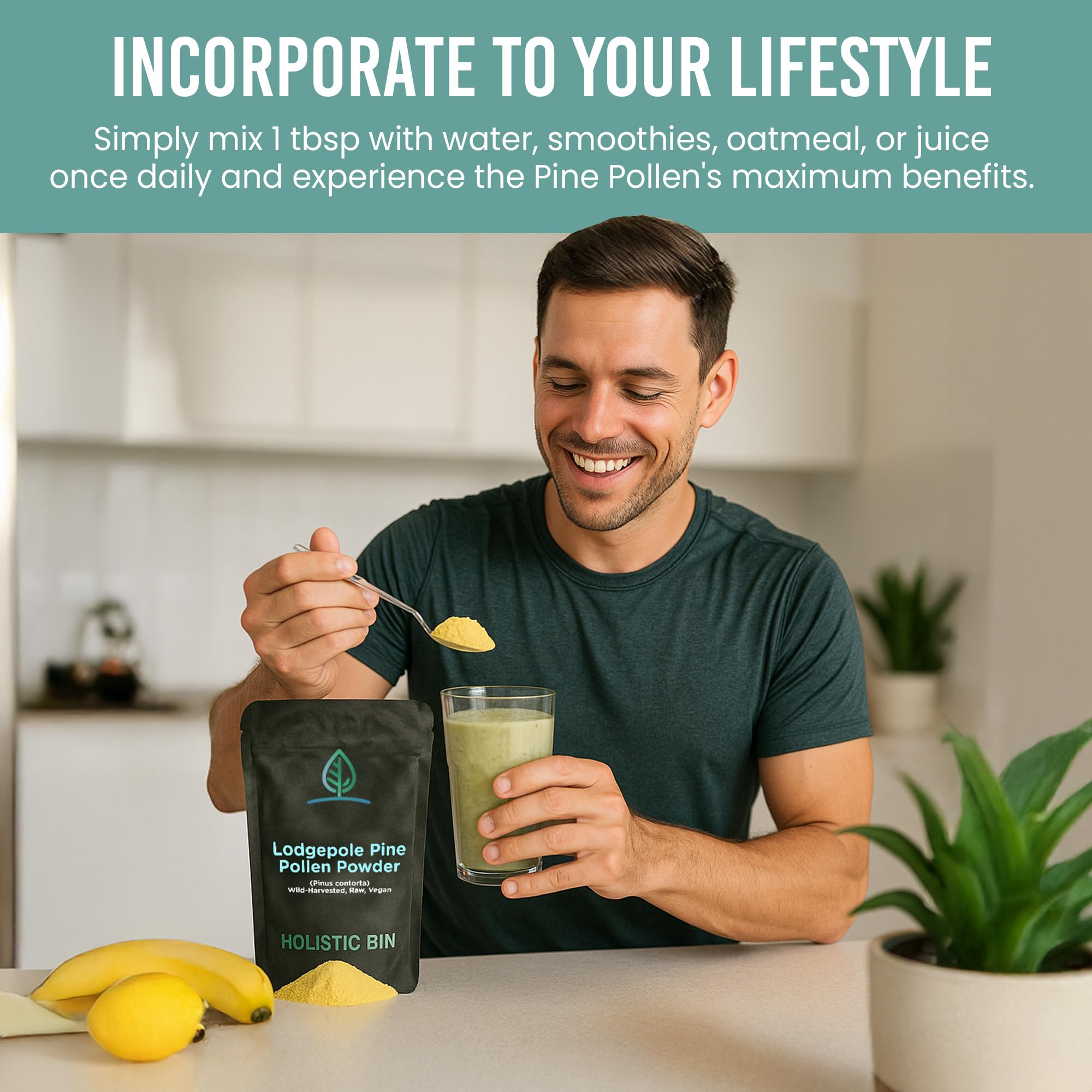 Holistic Bin pine pollen powder dispensing bottle suggests convenient daily use
