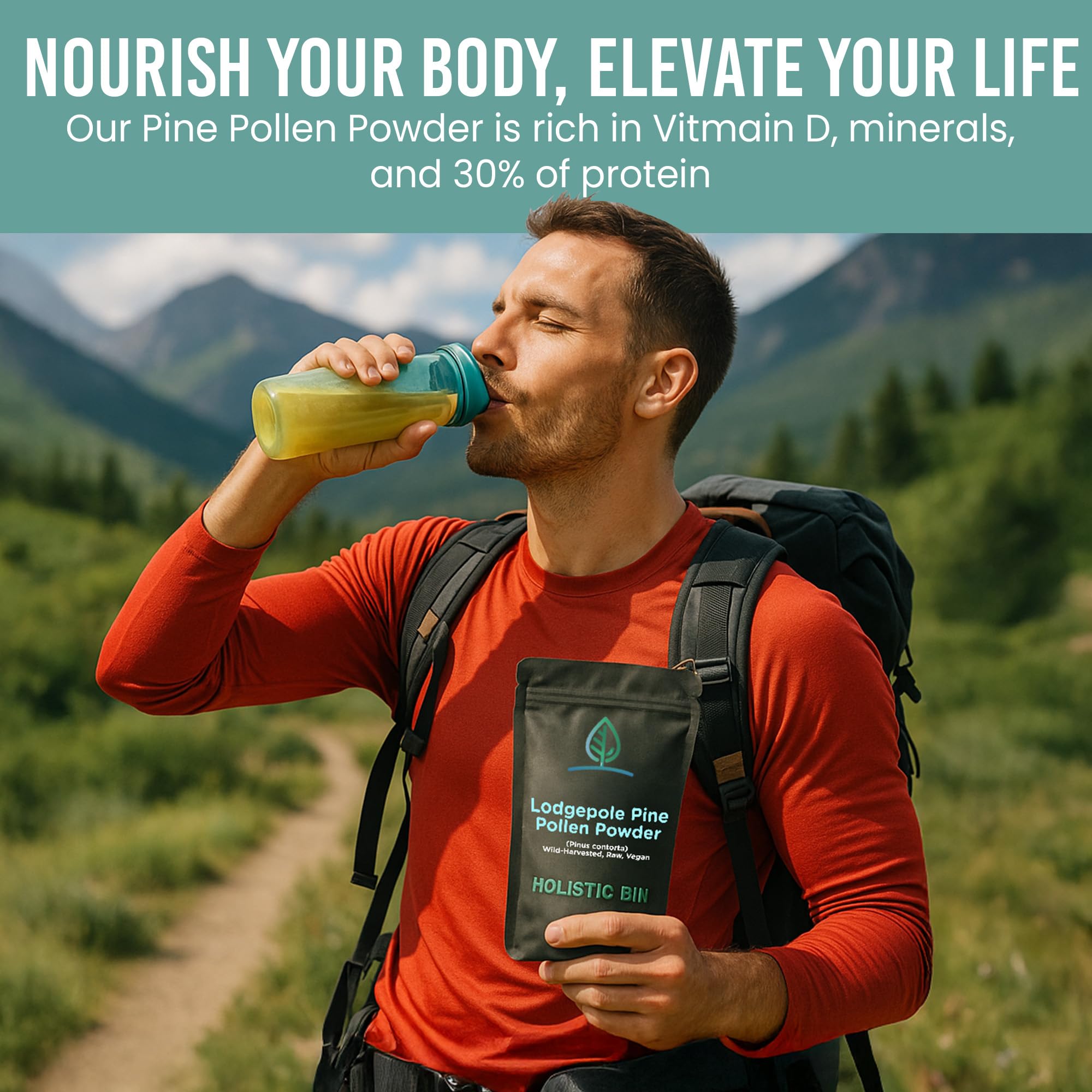 Holistic Bin pine pollen powder packaging showcases non-GMO and additive-free branding