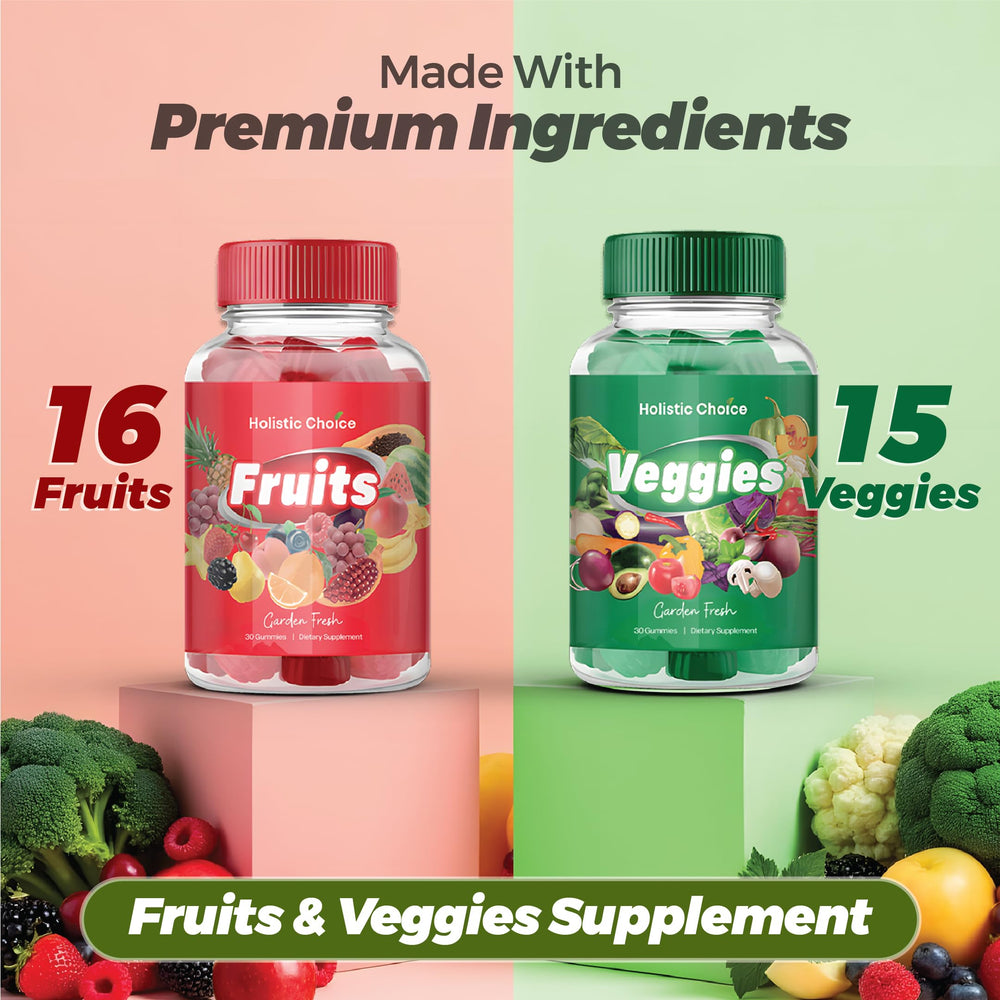 Holistic Choice Fruits Gummies label closeup emphasizing real ingredients.