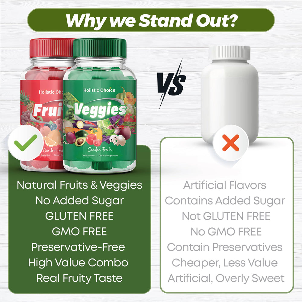 Holistic Choice Fruits Gummies on kitchen shelf for family-friendly nutrition.