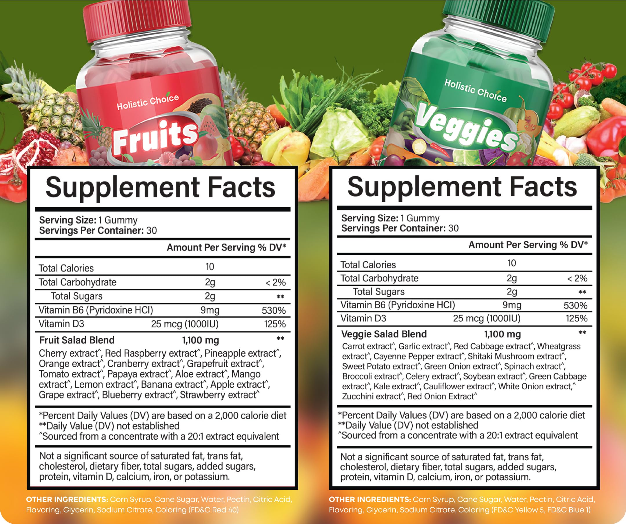 Holistic Choice Real ingredients list showing strawberry carrot broccoli extracts.