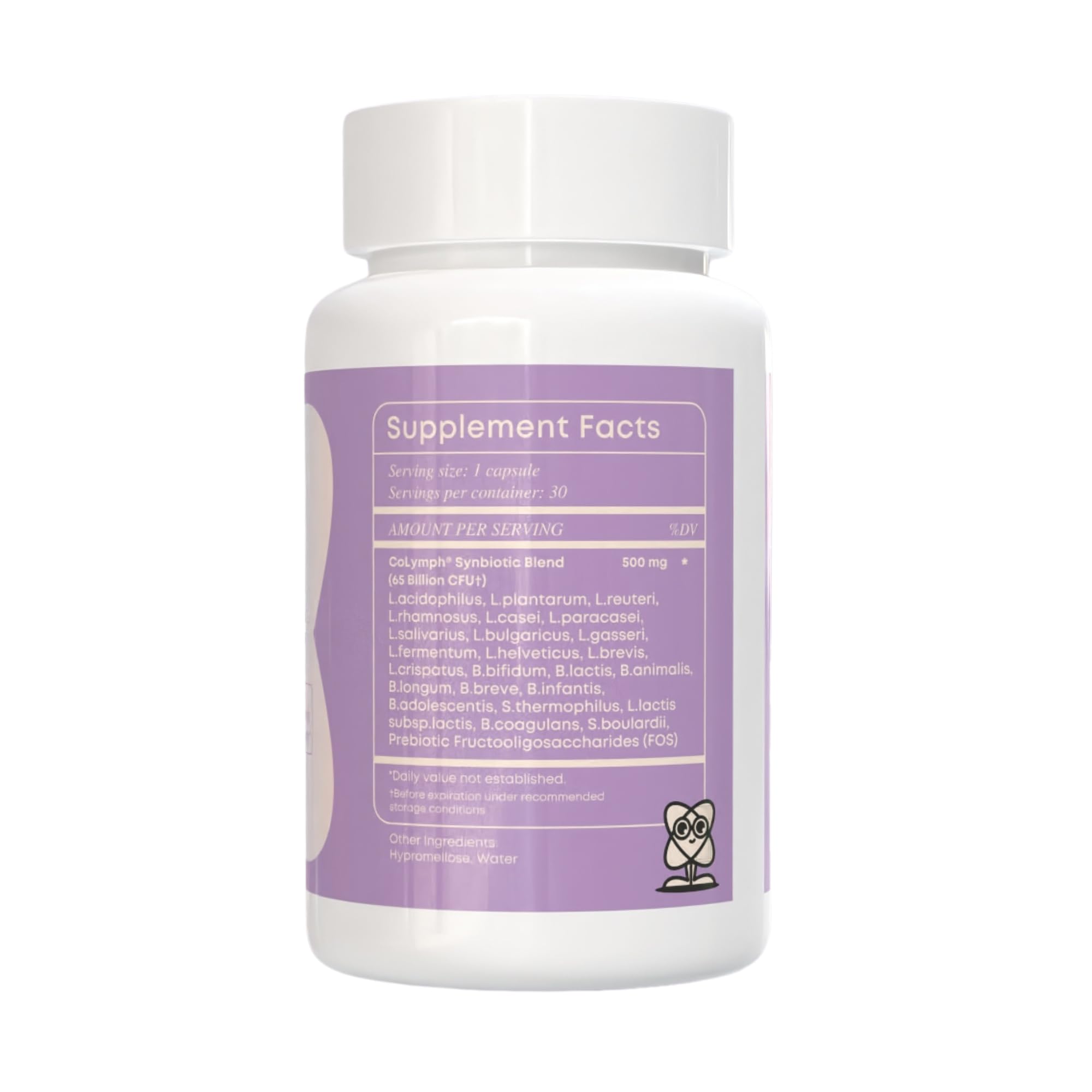 CoLymph Daily Synbiotic capsules close-up emphasizing 65B CFU potency for digestion.