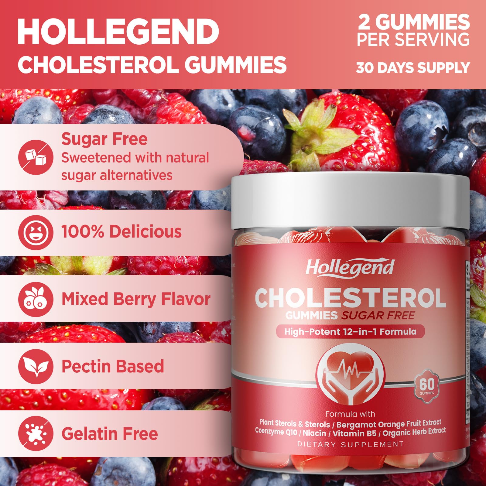 HOLLEGEND Cholesterol Gummies mixed berry color and label close-up.