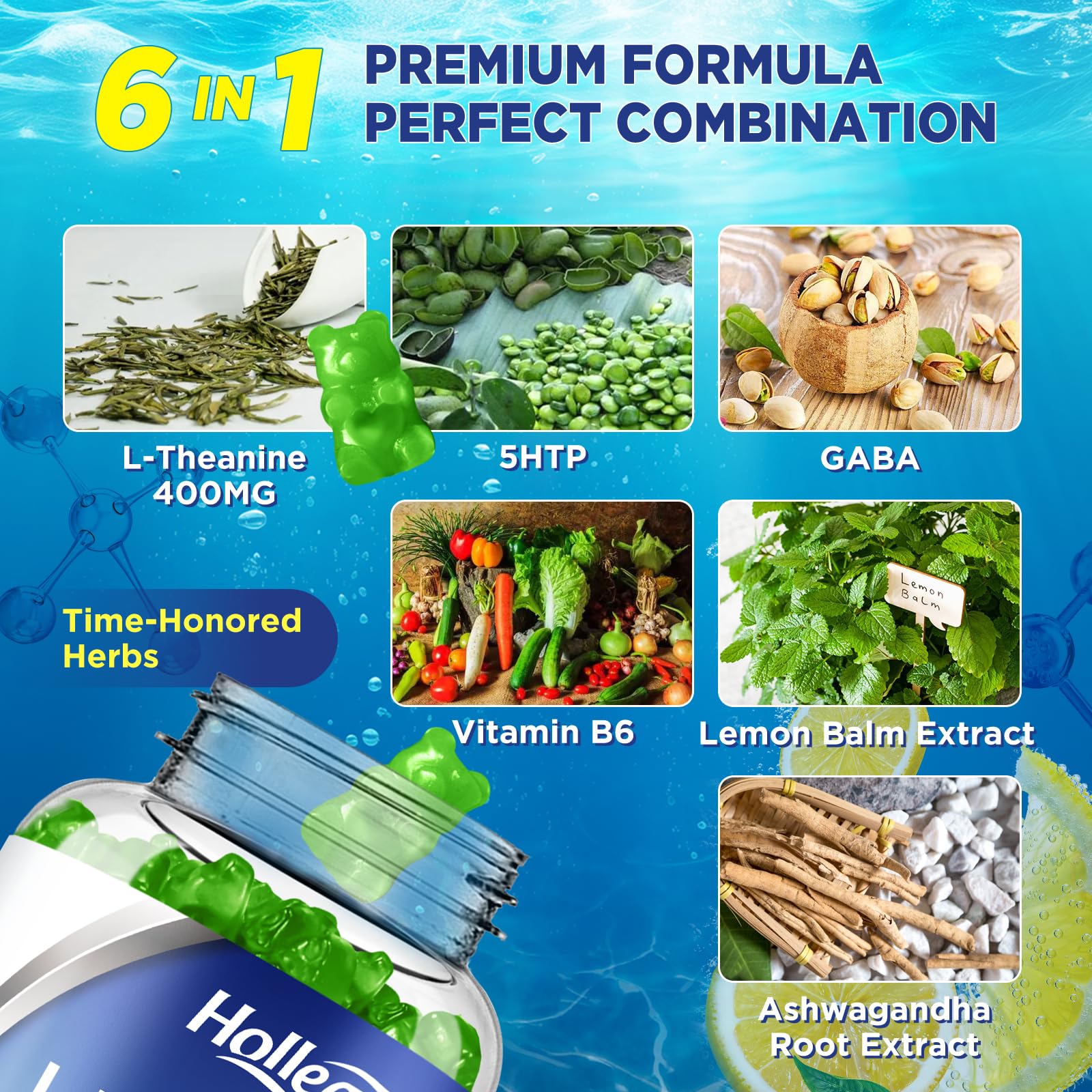 HOLLEGEND bottle label close-up highlighting 400mg L-theanine and GABA