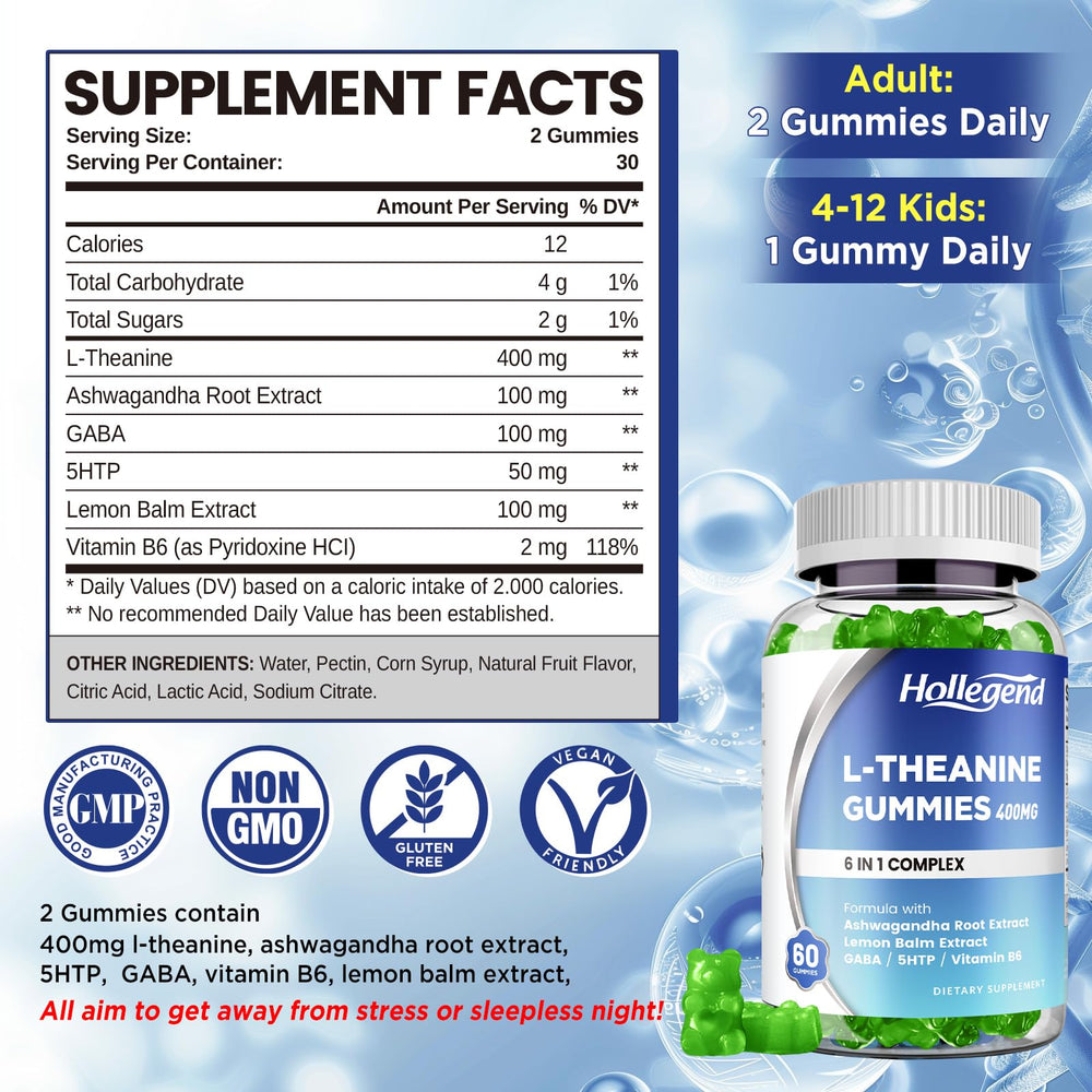 HOLLEGEND L-Theanine Gummies bottle with GMP badge indicating quality manufacturing.