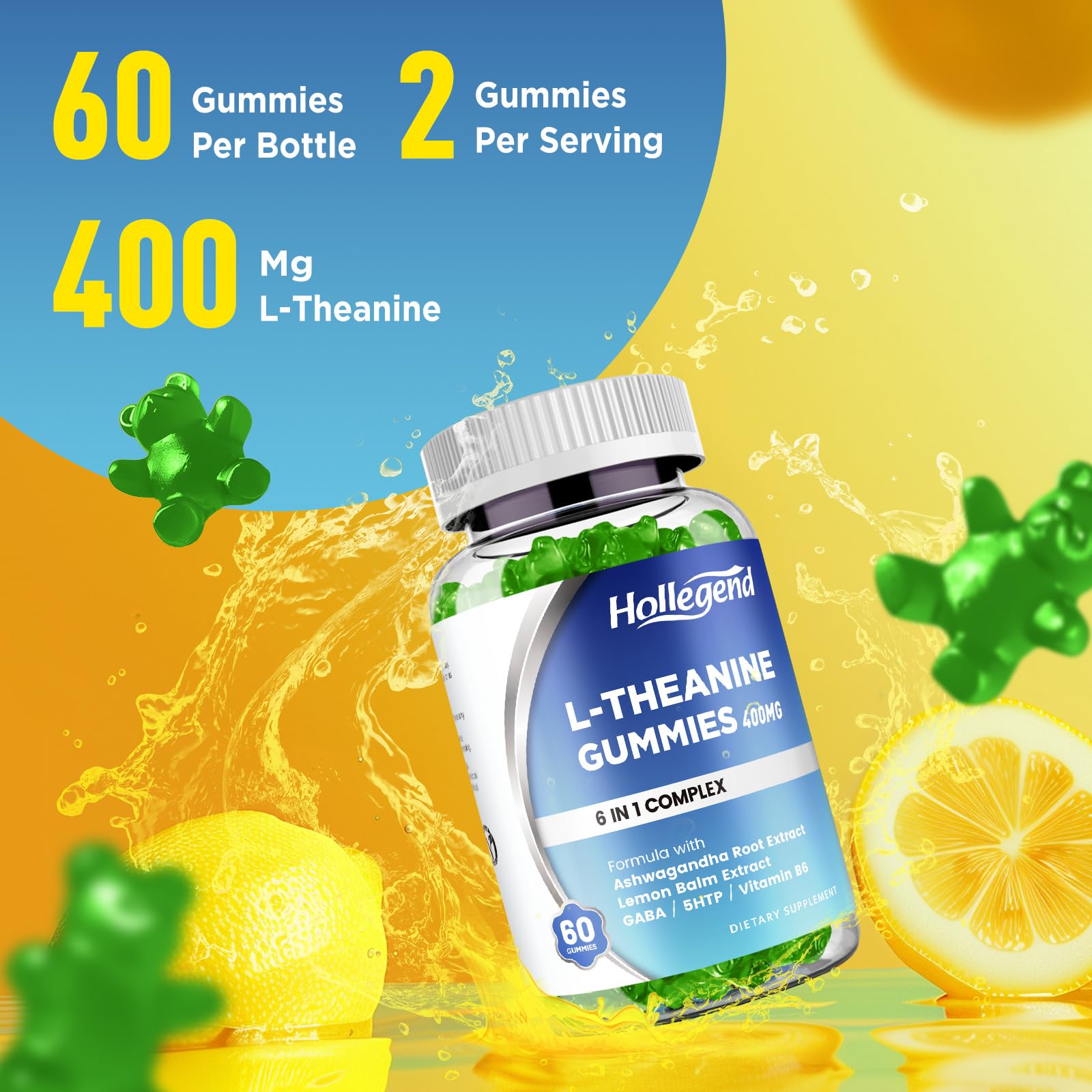 HOLLEGEND L-Theanine Gummies lemon flavor close-up suggesting tasty chewable supplement.
