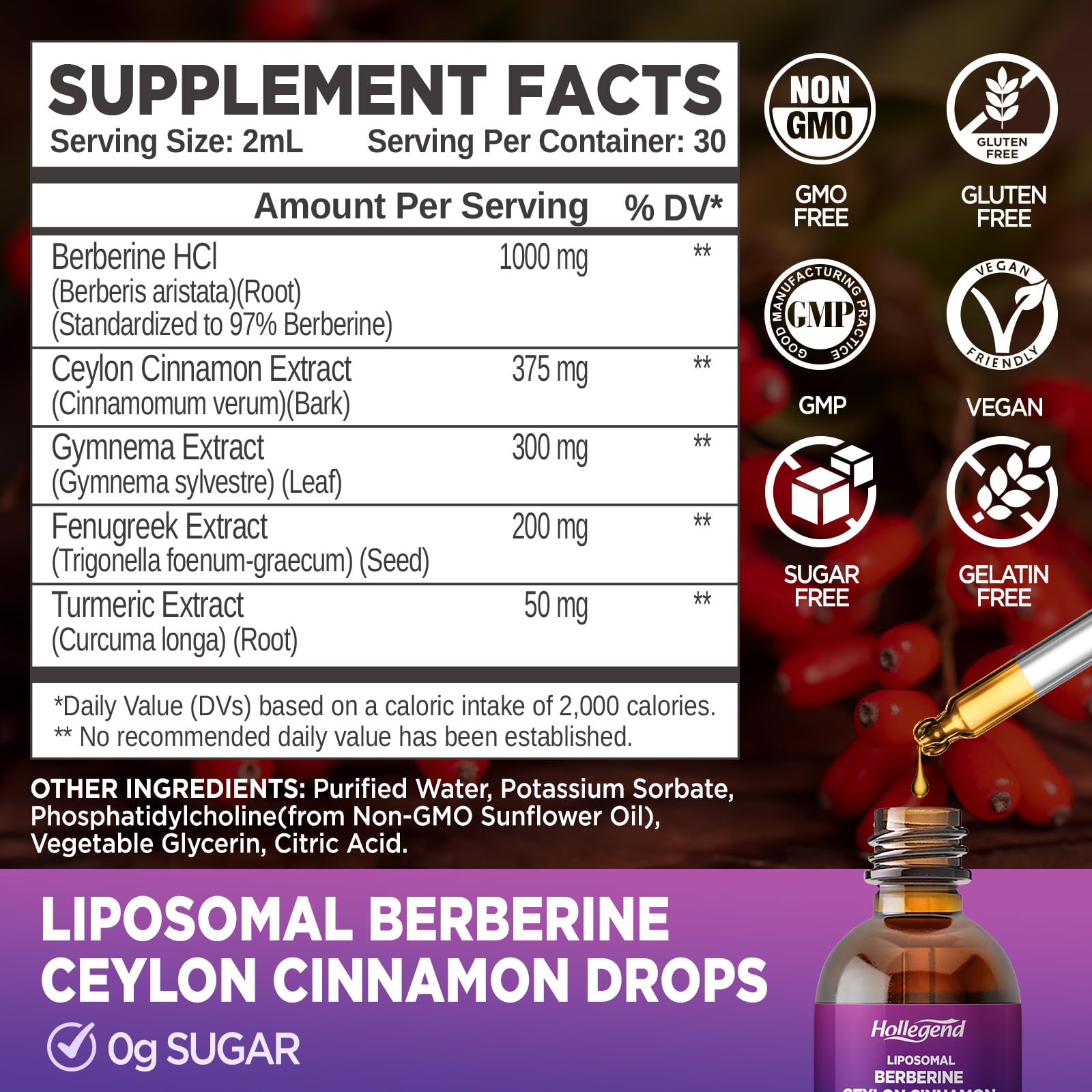 HOLLEGEND Liposomal Berberine Drops pour showing easy daily dosing