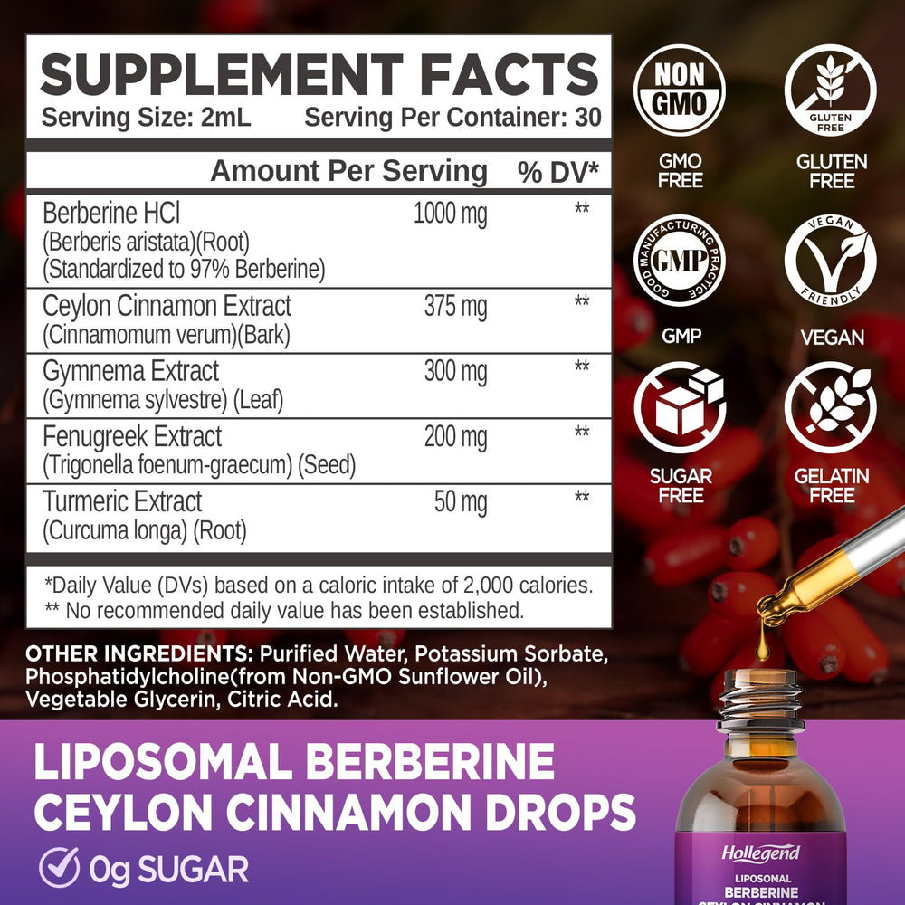 HOLLEGEND Liposomal Berberine Drops pour showing easy daily dosing