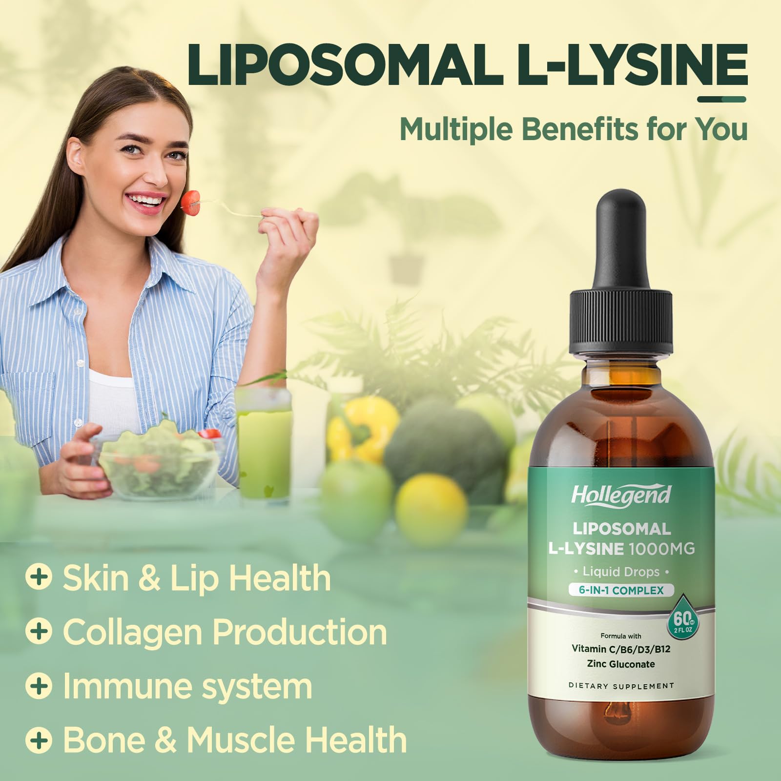 HOLLEGEND lysine drops dispensed into a glass for easy beverage mixing