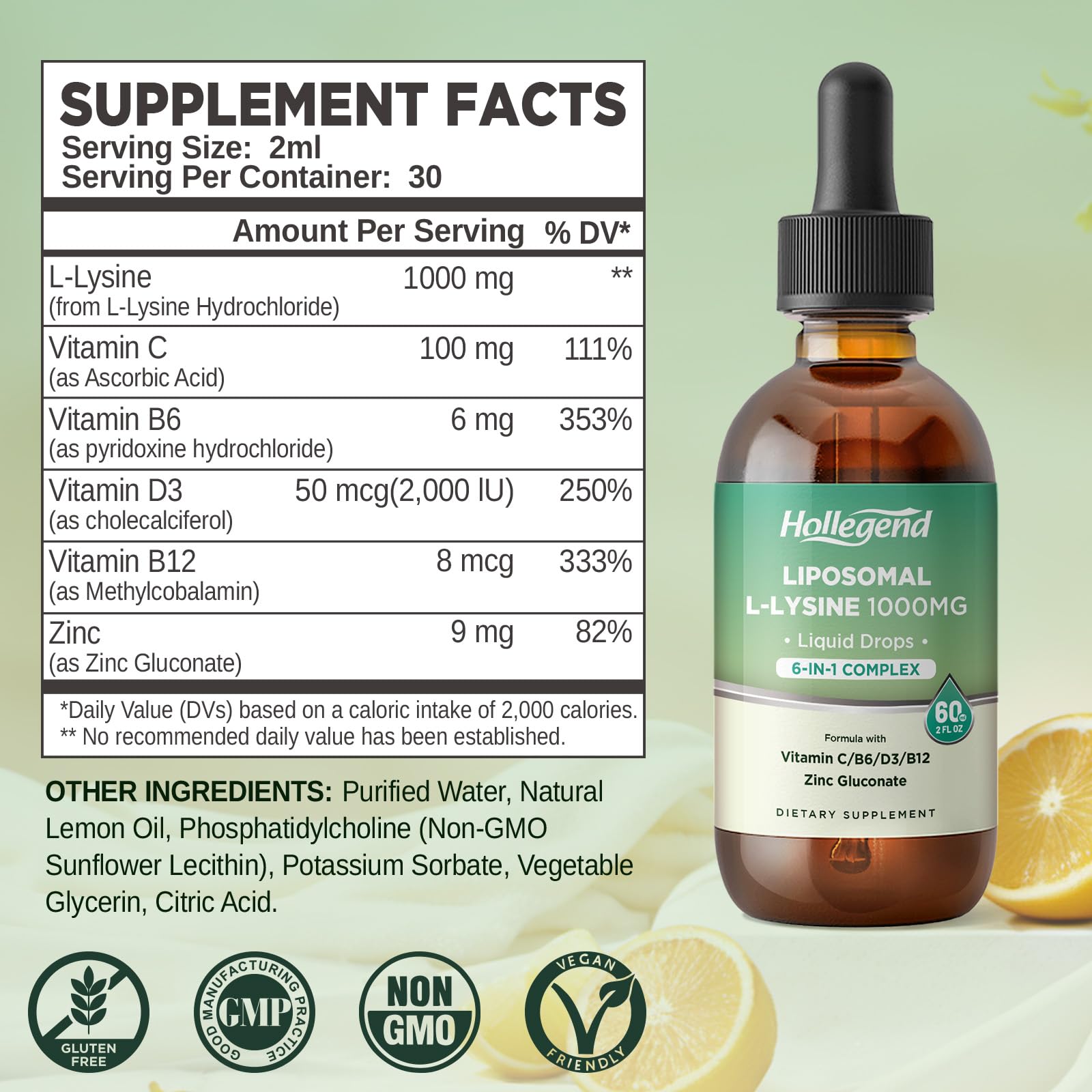 HOLLEGEND L-Lysine drops with dropper enabling precise daily dosing